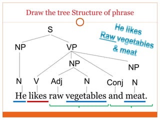 Draw the tree Structure of phrase
He likes raw vegetables and meat.
V
S
NP
Adj ConjN NN
NP VP
NP
 