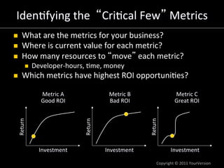Iden:fying	
  the	
  	
   Cri:cal	
  Few 	
  Metrics	
  
n     What	
  are	
  the	
  metrics	
  for	
  your	
  business?	...