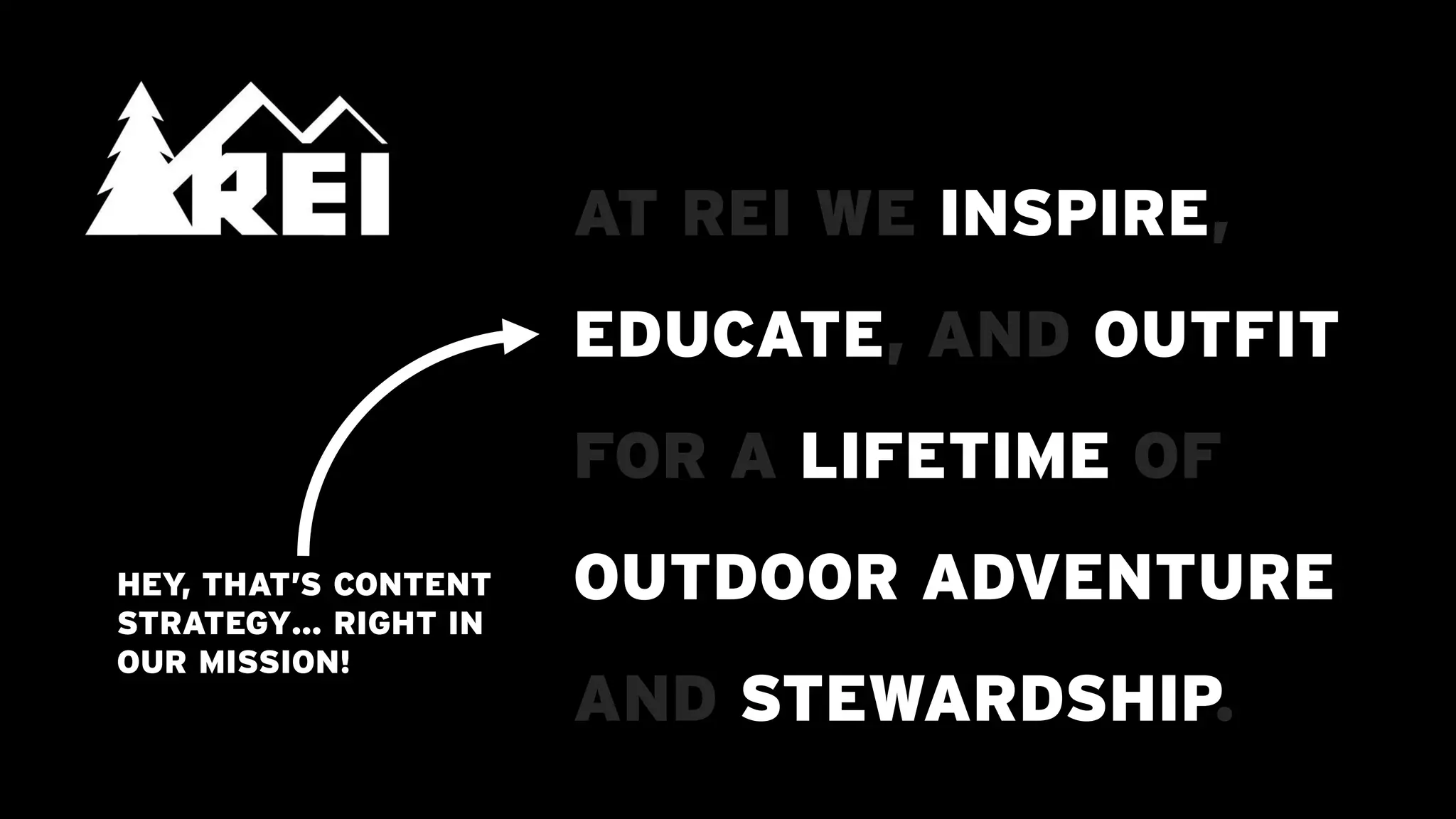 AT REI WE INSPIRE,
                                             EDUCATE, AND OUTFIT
                                             FOR A LIFETIME OF
              HEY, THAT’S CONTENT            OUTDOOR ADVENTURE
              STRATEGY… RIGHT IN
              OUR MISSION!
                                             AND STEWARDSHIP.
Logo copyright © REI - http://www.REI.com/
 
