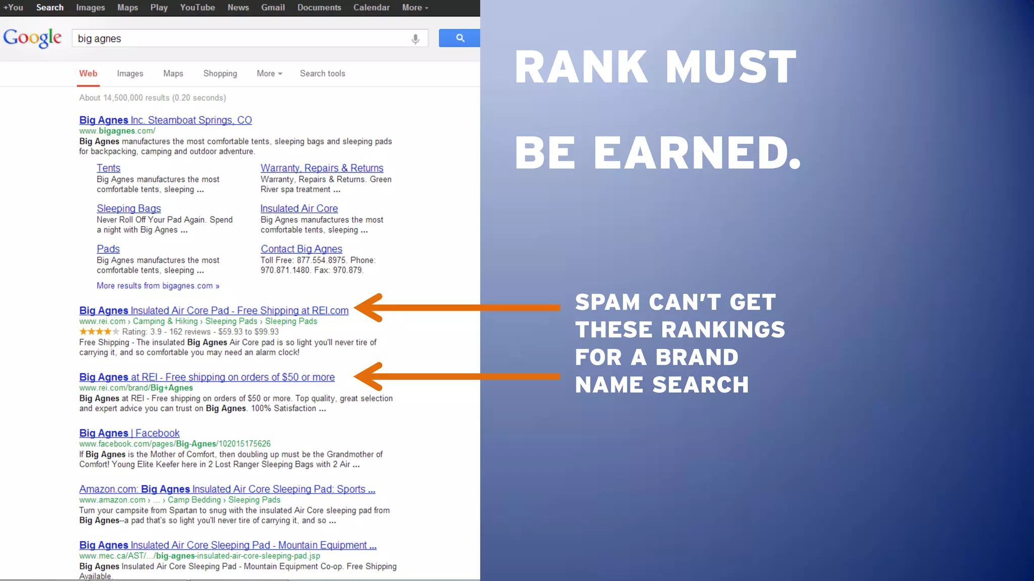 RANK MUST
BE EARNED.


  SPAM CAN’T GET
  THESE RANKINGS
  FOR A BRAND
  NAME SEARCH
 