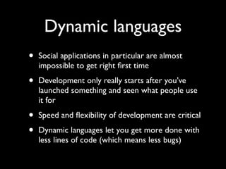 The Django stack
• HTTP handling
• Models (an ORM)
• Views
• Templates
• Extras
 • Admin, RSS framework, generic views...