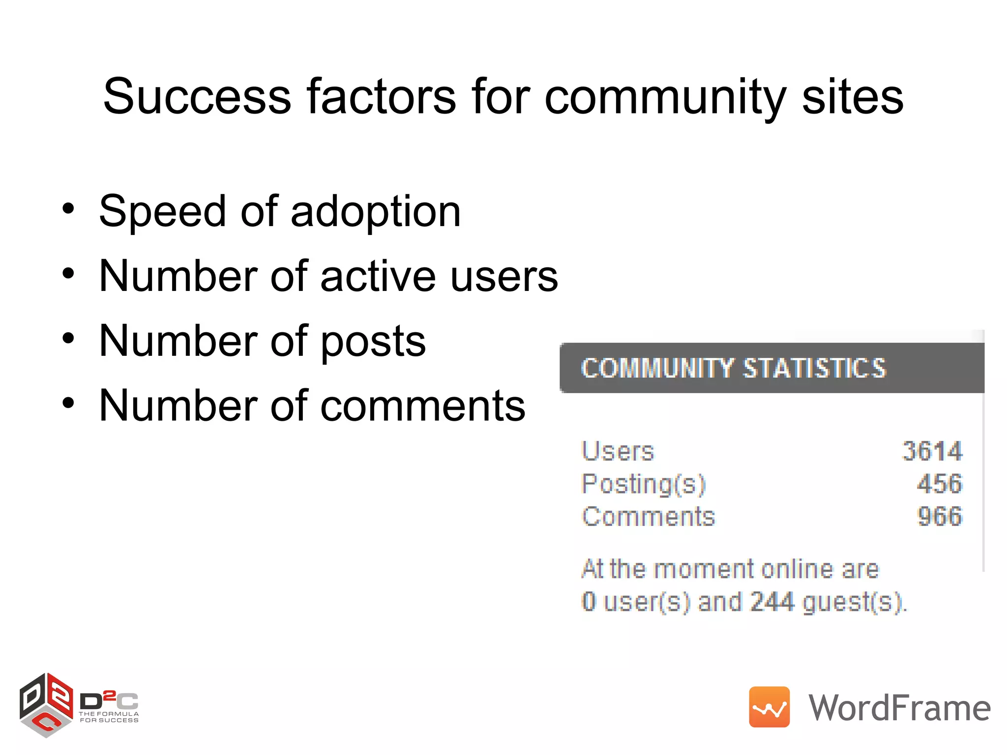 Success factors for community sites Speed of adoption Number of active users Number of posts Number of comments 
