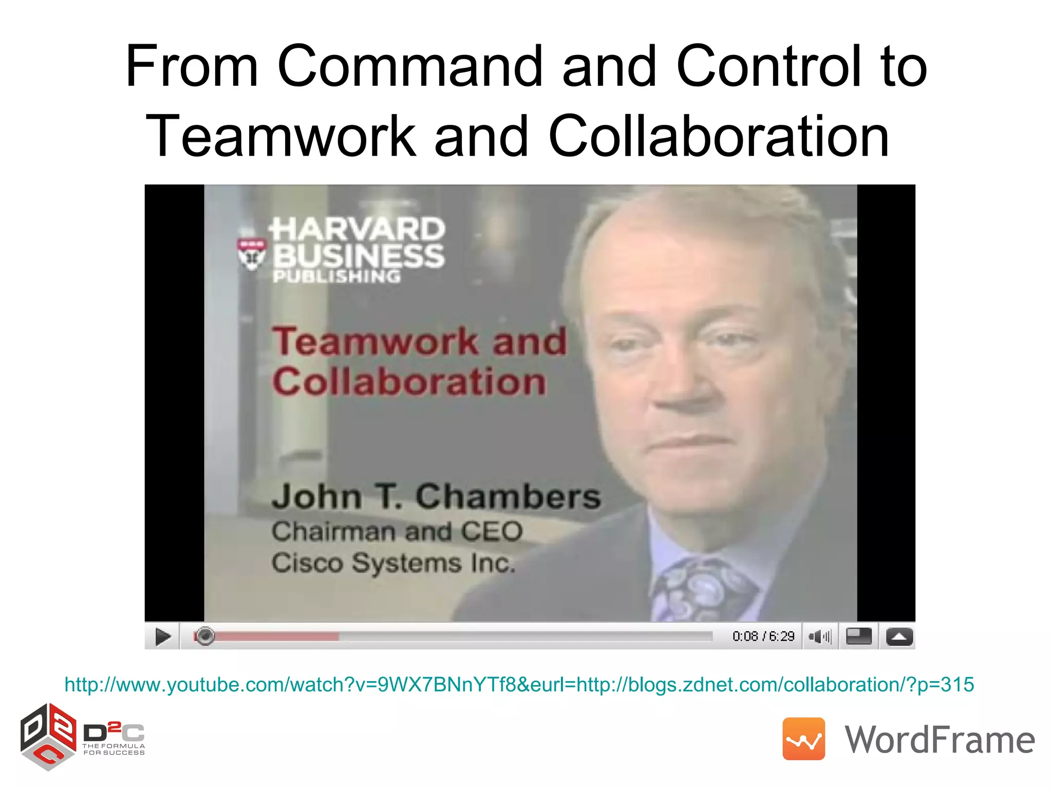 From Command and Control to Teamwork and Collaboration  http://www.youtube.com/watch?v=9WX7BNnYTf8&eurl=http://blogs.zdnet.com/collaboration/?p=315   