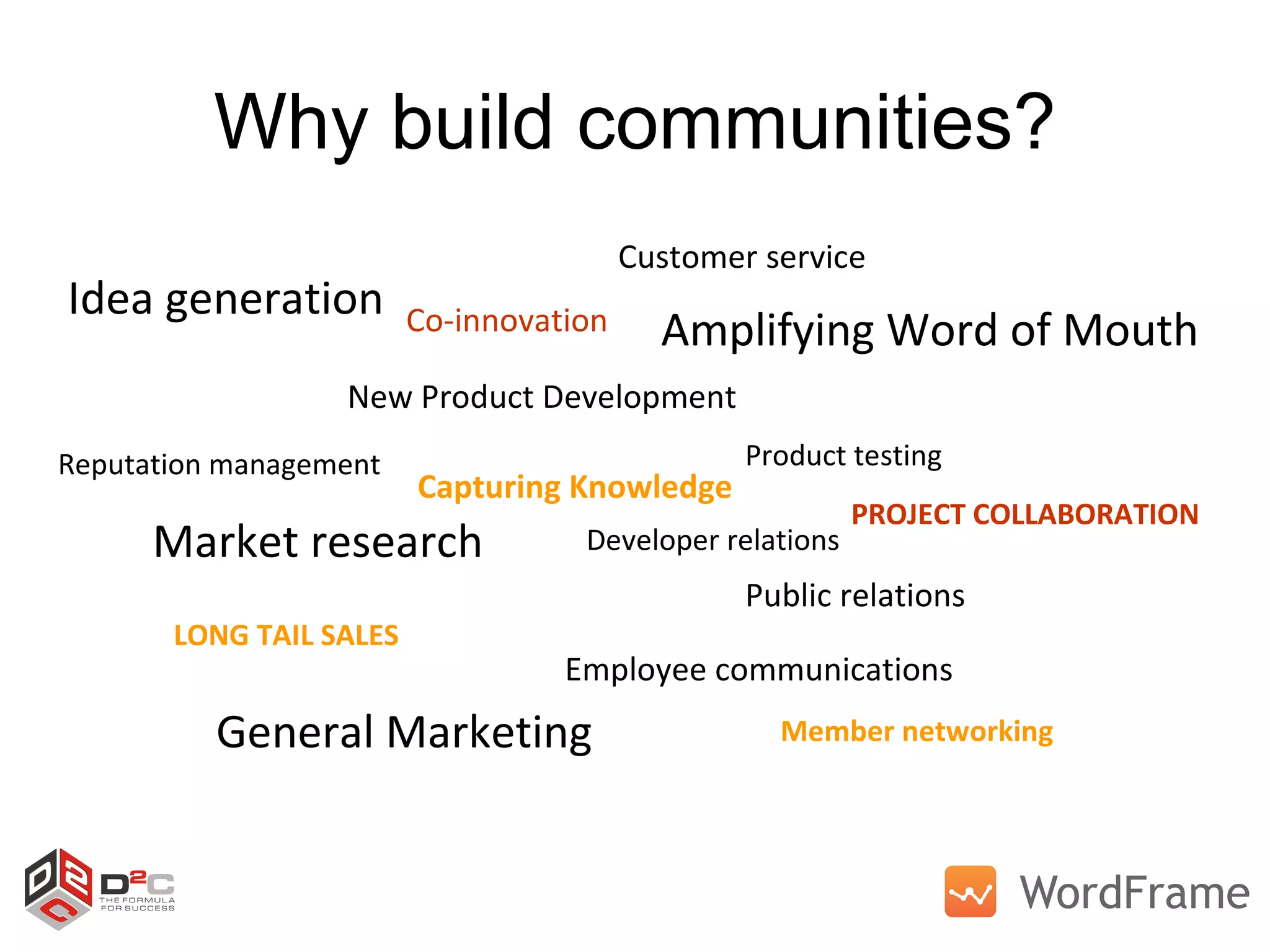 Why build communities? New Product Development Customer service Idea generation Market research Developer relations Amplifying Word of Mouth Employee communications General Marketing Reputation management Product testing Public relations LONG TAIL SALES PROJECT COLLABORATION Co-innovation Member networking Capturing Knowledge 