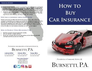 How to
Buy
Car Insurance
•	 Florida law only requires a motorist to purchase Personal Injury Protection and Property
Damage Liability of $10,000 PIP and $10,000 PDL. This insurance is mandated for
any motor vehicle registered in Florida.  The Florida Department of Motor Vehicles
may require you to meet certain financial obligations by purchasing additional coverage.
•	 Florida law requires the insurance company provide you a form most commonly called
“Underinsured/Underinsured Motorist Coverage Rejection or Election Form.”  You must
sign this form either accepting, rejecting or limiting UIM coverage.
  
Why this is different from other states
Florida is one of only two states that allow drivers to drive on their roads without any
coverage to compensate you for injuries in an accident that someone else causes.  What this
means for you is if you don’t carry UM/UIM insurance you may never be compensated for
these injuries regardless of how serious they are.  Legislation is in the works to change this
requirement and help Florida join the majority of states that require a vehicle owner or driver
to have the ability to at least partially compensate you when they are negligent.
How to Protect Your Household Tips
•	 Read the insurance forms and agreements carefully.  
•	 Ask your insurance company questions.
•	 Review your coverage each year and make certain you have sufficient automobile
       coverage to protect you and your loved ones.
Florida RULES
Free Case Review
1-800-BURNETTI
www.Burnetti.com
info@burnetti.com
Lakeland Office
Phone: (863) 688-8288
Fax: (863) 688-1978
Tampa Office
Phone: (813) 865-1000
Fax: (813) 664-1600
Orlando Office
Phone: (407) 581-8800
Fax: (407) 608-1036
This brochure was prepared as a Community Service by
Provided as a Community Service By
 