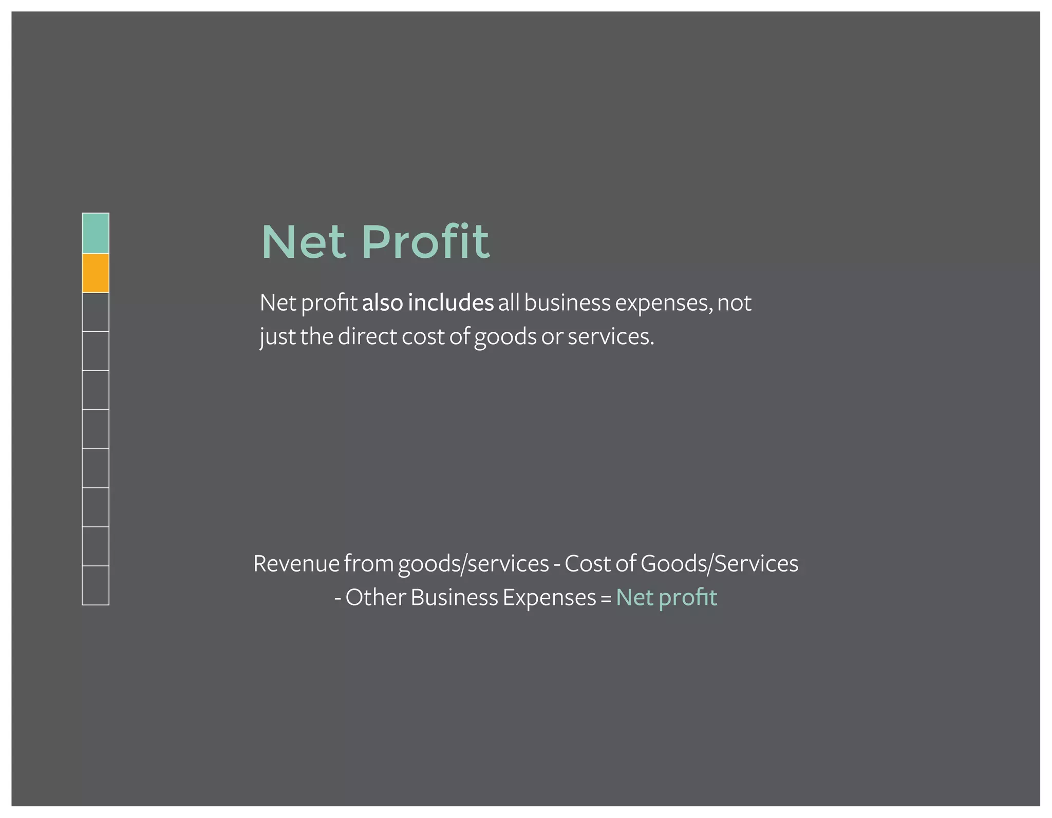 Net Profit
Netprofitalso includesallbusinessexpenses,not
justthedirectcostofgoodsorservices.
Revenuefromgoods/services-CostofGoods/Services
-OtherBusinessExpenses=Net profit
 