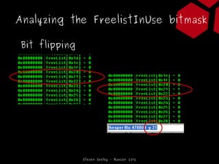 Analyzing the FreelistInUse bitmask

Bit flipping




               Steven Seeley – Ruxcon 2012
 