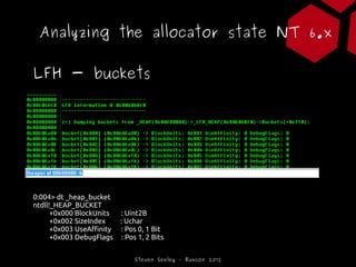 Analyzing the allocator state NT 6.x

LFH - buckets




0:004> dt _heap_bucket
ntdll!_HEAP_BUCKET
      +0x000 BlockUnits ...