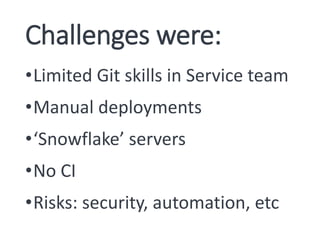 Challenges were:
•Limited Git skills in Service team
•Manual deployments
•‘Snowflake’ servers
•No CI
•Risks: security, automation, etc
 