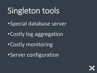 Singleton tools
•Special database server
•Costly log aggregation
•Costly monitoring
•Server configuration
 