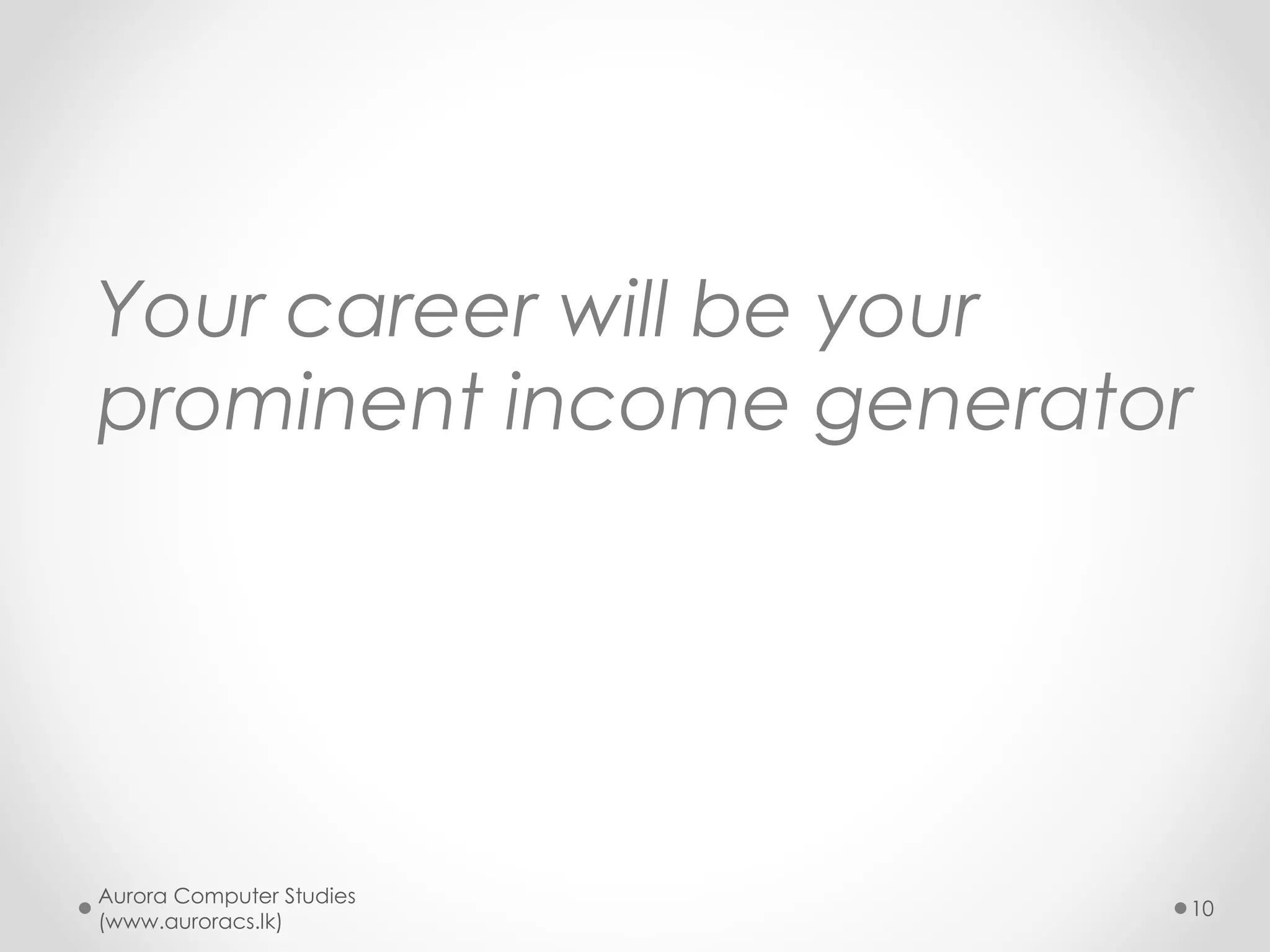 Aurora Computer Studies
(www.auroracs.lk)
10
What you
love to do
What
utilize
your
talent
What
generate
revenue

The ideal
career
 