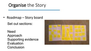 Organise the Story
• Roadmap – Story board
Set out sections:
Need
Approach
Supporting evidence
Evaluation
Conclusion
 