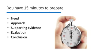 You have 15 minutes to prepare
• Need
• Approach
• Supporting evidence
• Evaluation
• Conclusion
 