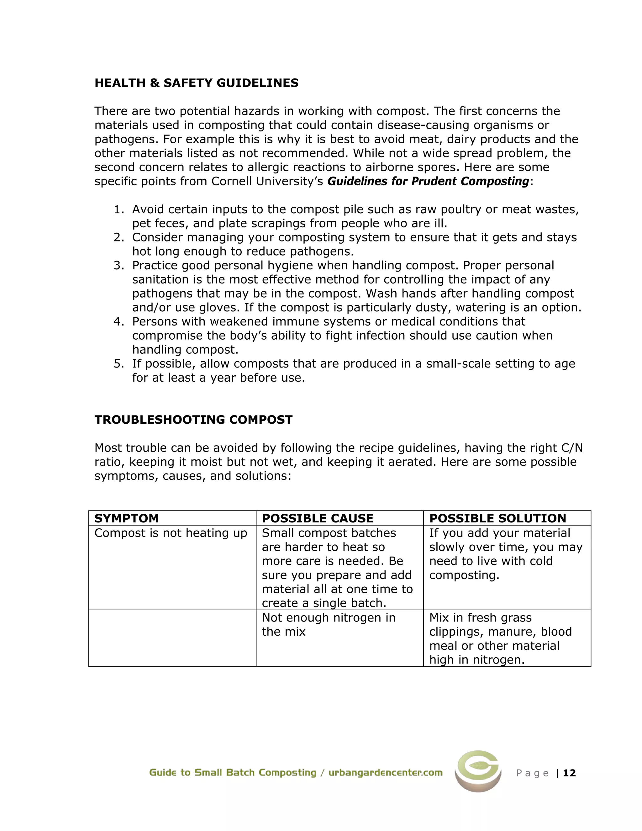 P a g e | 12
HEALTH & SAFETY GUIDELINES
There are two potential hazards in working with compost. The first concerns the
materials used in composting that could contain disease-causing organisms or
pathogens. For example this is why it is best to avoid meat, dairy products and the
other materials listed as not recommended. While not a wide spread problem, the
second concern relates to allergic reactions to airborne spores. Here are some
specific points from Cornell University’s Guidelines for Prudent Composting:
1. Avoid certain inputs to the compost pile such as raw poultry or meat wastes,
pet feces, and plate scrapings from people who are ill.
2. Consider managing your composting system to ensure that it gets and stays
hot long enough to reduce pathogens.
3. Practice good personal hygiene when handling compost. Proper personal
sanitation is the most effective method for controlling the impact of any
pathogens that may be in the compost. Wash hands after handling compost
and/or use gloves. If the compost is particularly dusty, watering is an option.
4. Persons with weakened immune systems or medical conditions that
compromise the body’s ability to fight infection should use caution when
handling compost.
5. If possible, allow composts that are produced in a small-scale setting to age
for at least a year before use.
TROUBLESHOOTING COMPOST
Most trouble can be avoided by following the recipe guidelines, having the right C/N
ratio, keeping it moist but not wet, and keeping it aerated. Here are some possible
symptoms, causes, and solutions:
SYMPTOM POSSIBLE CAUSE POSSIBLE SOLUTION
Compost is not heating up Small compost batches
are harder to heat so
more care is needed. Be
sure you prepare and add
material all at one time to
create a single batch.
If you add your material
slowly over time, you may
need to live with cold
composting.
Not enough nitrogen in
the mix
Mix in fresh grass
clippings, manure, blood
meal or other material
high in nitrogen.
 