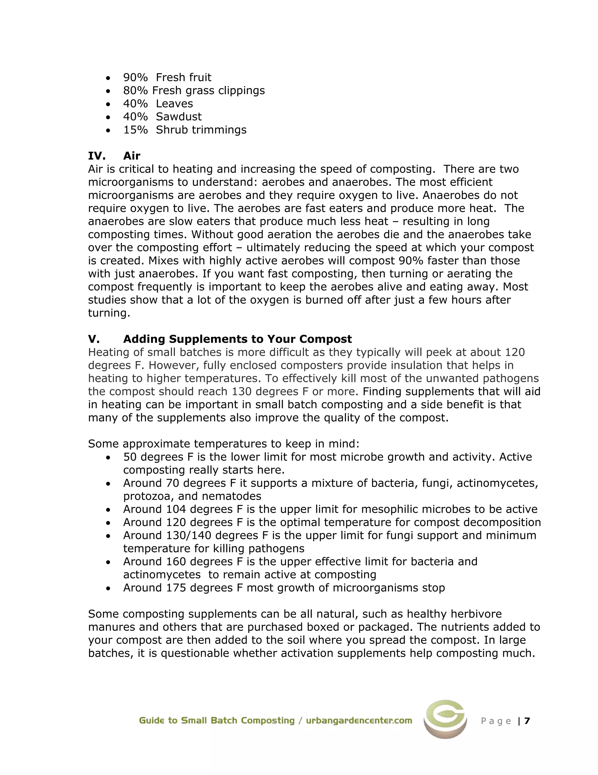 P a g e | 7
• 90% Fresh fruit
• 80% Fresh grass clippings
• 40% Leaves
• 40% Sawdust
• 15% Shrub trimmings
IV. Air
Air is critical to heating and increasing the speed of composting. There are two
microorganisms to understand: aerobes and anaerobes. The most efficient
microorganisms are aerobes and they require oxygen to live. Anaerobes do not
require oxygen to live. The aerobes are fast eaters and produce more heat. The
anaerobes are slow eaters that produce much less heat – resulting in long
composting times. Without good aeration the aerobes die and the anaerobes take
over the composting effort – ultimately reducing the speed at which your compost
is created. Mixes with highly active aerobes will compost 90% faster than those
with just anaerobes. If you want fast composting, then turning or aerating the
compost frequently is important to keep the aerobes alive and eating away. Most
studies show that a lot of the oxygen is burned off after just a few hours after
turning.
V. Adding Supplements to Your Compost
Heating of small batches is more difficult as they typically will peek at about 120
degrees F. However, fully enclosed composters provide insulation that helps in
heating to higher temperatures. To effectively kill most of the unwanted pathogens
the compost should reach 130 degrees F or more. Finding supplements that will aid
in heating can be important in small batch composting and a side benefit is that
many of the supplements also improve the quality of the compost.
Some approximate temperatures to keep in mind:
• 50 degrees F is the lower limit for most microbe growth and activity. Active
composting really starts here.
• Around 70 degrees F it supports a mixture of bacteria, fungi, actinomycetes,
protozoa, and nematodes
• Around 104 degrees F is the upper limit for mesophilic microbes to be active
• Around 120 degrees F is the optimal temperature for compost decomposition
• Around 130/140 degrees F is the upper limit for fungi support and minimum
temperature for killing pathogens
• Around 160 degrees F is the upper effective limit for bacteria and
actinomycetes to remain active at composting
• Around 175 degrees F most growth of microorganisms stop
Some composting supplements can be all natural, such as healthy herbivore
manures and others that are purchased boxed or packaged. The nutrients added to
your compost are then added to the soil where you spread the compost. In large
batches, it is questionable whether activation supplements help composting much.
 
