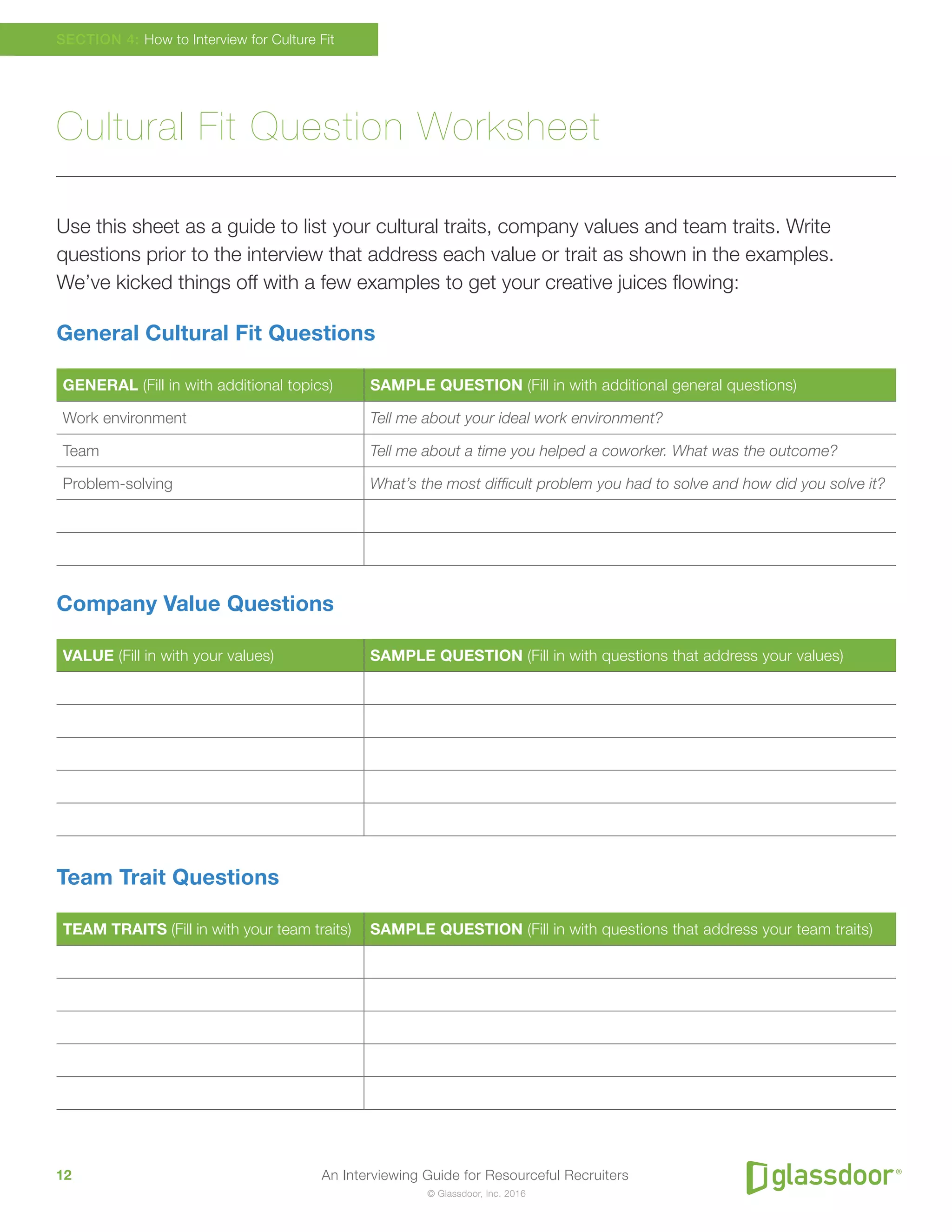 An Interviewing Guide for Resourceful Recruiters12
© Glassdoor, Inc. 2016
Cultural Fit Question Worksheet
Use this sheet as a guide to list your cultural traits, company values and team traits. Write
questions prior to the interview that address each value or trait as shown in the examples.
We’ve kicked things off with a few examples to get your creative juices flowing:
General Cultural Fit Questions
GENERAL (Fill in with additional topics) SAMPLE QUESTION (Fill in with additional general questions)
Work environment Tell me about your ideal work environment?
Team Tell me about a time you helped a coworker. What was the outcome?
Problem-solving What’s the most difficult problem you had to solve and how did you solve it?
Company Value Questions
VALUE (Fill in with your values) SAMPLE QUESTION (Fill in with questions that address your values)
Team Trait Questions
TEAM TRAITS (Fill in with your team traits) SAMPLE QUESTION (Fill in with questions that address your team traits)
SECTION 4: How to Interview for Culture Fit
 