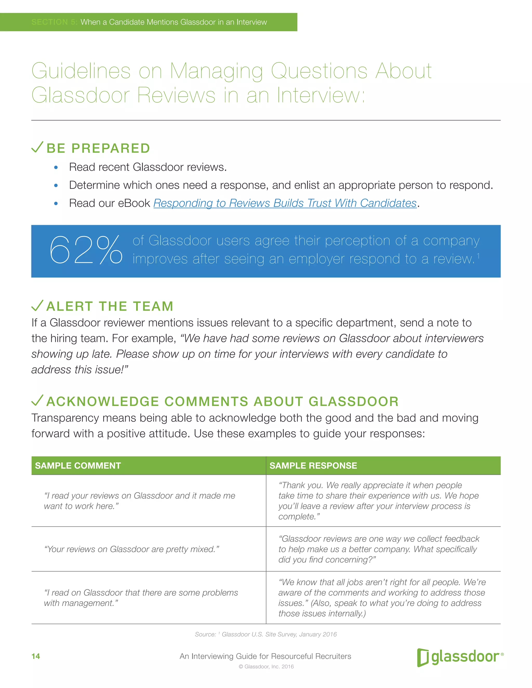 An Interviewing Guide for Resourceful Recruiters14
© Glassdoor, Inc. 2016
Guidelines on Managing Questions About
Glassdoor Reviews in an Interview:
BE PREPARED
•	 Read recent Glassdoor reviews.
•	 Determine which ones need a response, and enlist an appropriate person to respond.
•	 Read our eBook Responding to Reviews Builds Trust With Candidates.
ALERT THE TEAM
If a Glassdoor reviewer mentions issues relevant to a specific department, send a note to
the hiring team. For example, “We have had some reviews on Glassdoor about interviewers
showing up late. Please show up on time for your interviews with every candidate to
address this issue!”
ACKNOWLEDGE COMMENTS ABOUT GLASSDOOR
Transparency means being able to acknowledge both the good and the bad and moving
forward with a positive attitude. Use these examples to guide your responses:
SAMPLE COMMENT SAMPLE RESPONSE
“I read your reviews on Glassdoor and it made me
want to work here.”
“Thank you. We really appreciate it when people
take time to share their experience with us. We hope
you’ll leave a review after your interview process is
complete.”
“Your reviews on Glassdoor are pretty mixed.”
“Glassdoor reviews are one way we collect feedback
to help make us a better company. What specifically
did you find concerning?”
“I read on Glassdoor that there are some problems
with management.”
“We know that all jobs aren’t right for all people. We’re
aware of the comments and working to address those
issues.” (Also, speak to what you’re doing to address
those issues internally.)
SECTION 5: When a Candidate Mentions Glassdoor in an Interview
of Glassdoor users agree their perception of a company
improves after seeing an employer respond to a review.1
62%
Source: 1
Glassdoor U.S. Site Survey, January 2016
 