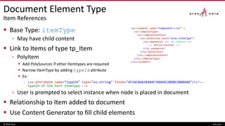 Document Element Type
Item References
 Base Type: itemType
▫ May have child content
 Link to Items of type tp_Item
▫ PolyItem
 Add PolySources if other Itemtypes are required
 Narrow ItemType by adding typeId attribute
 Ex:
▫ <xs:attribute name="typeId" type="xs:string" fixed="4F1AC04A2B484F3ABA4E20DB63808A88"/><!--
typeId of the Part ItemType -->
▫ User is prompted to select instance when node is placed in document
 Relationship to Item added to document
 Use Content Generator to fill child elements
© 2016 Aras aras.com
<xs:element name="Component-List" >
<xs:complexType>
<xs:complexContent>
<xs:extension base="aras:itemType">
<xs:sequence> <!– or choice -->
--- Valid Content ---
</xs:sequence>
</xs:extension>
</xs:complexContent>
</xs:complexType>
</xs:element>
 
