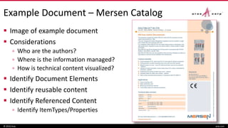 Example Document – Mersen Catalog
 Image of example document
 Considerations
▫ Who are the authors?
▫ Where is the information managed?
▫ How is technical content visualized?
 Identify Document Elements
 Identify reusable content
 Identify Referenced Content
▫ Identify ItemTypes/Properties
© 2016 Aras aras.com
 