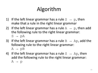 Algorithm
1) If the left linear grammar has a rule S → p, then
make that a rule in the right linear grammar
2) If the left linear grammar has a rule A → p, then add
the following rule to the right linear grammar:
S → pA
3) If the left linear grammar has a rule B → Ap, add the
following rule to the right linear grammar:
A → pB
4) If the left linear grammar has a rule S → Ap, then
add the following rule to the right linear grammar:
A → p
13
 