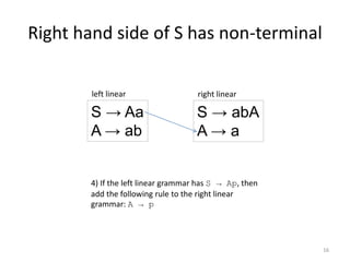 Right hand side of S has non-terminal
16
S → Aa
A → ab
left linear
4) If the left linear grammar has S → Ap, then
add the following rule to the right linear
grammar: A → p
S → abA
A → a
right linear
 