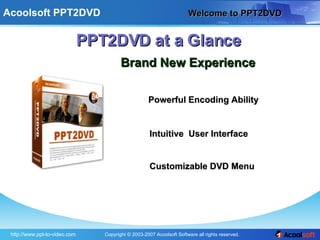 Welcome to PPT2DVD PPT2DVD at a Glance Brand New Experience Intuitive  User Interface Powerful Encoding Ability Customizable DVD Menu 