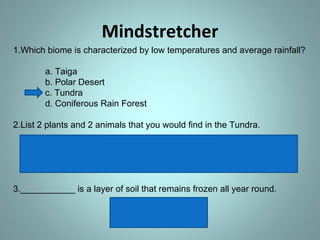 Mindstretcher 1.Which biome is characterized by low temperatures and average rainfall? a. Taiga b. Polar Desert c. Tundra d. Coniferous Rain Forest 2.List 2 plants and 2 animals that you would find in the Tundra.  Plants: Grasses, shrubs, mosses, lichens Animals: Snow Geese, Musk Oxen, Wolves, Caribou, Mosquitoes 3.___________ is a layer of soil that remains frozen all year round.  PERMAFROST 
