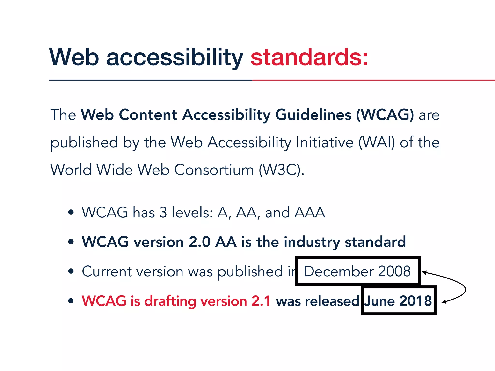 The Web Content Accessibility Guidelines (WCAG) are
published by the Web Accessibility Initiative (WAI) of the
World Wide Web Consortium (W3C).
• WCAG has 3 levels: A, AA, and AAA
• WCAG version 2.0 AA is the industry standard
• Current version was published in December 2008
• WCAG is drafting version 2.1 was released June 2018
Web accessibility standards:
 