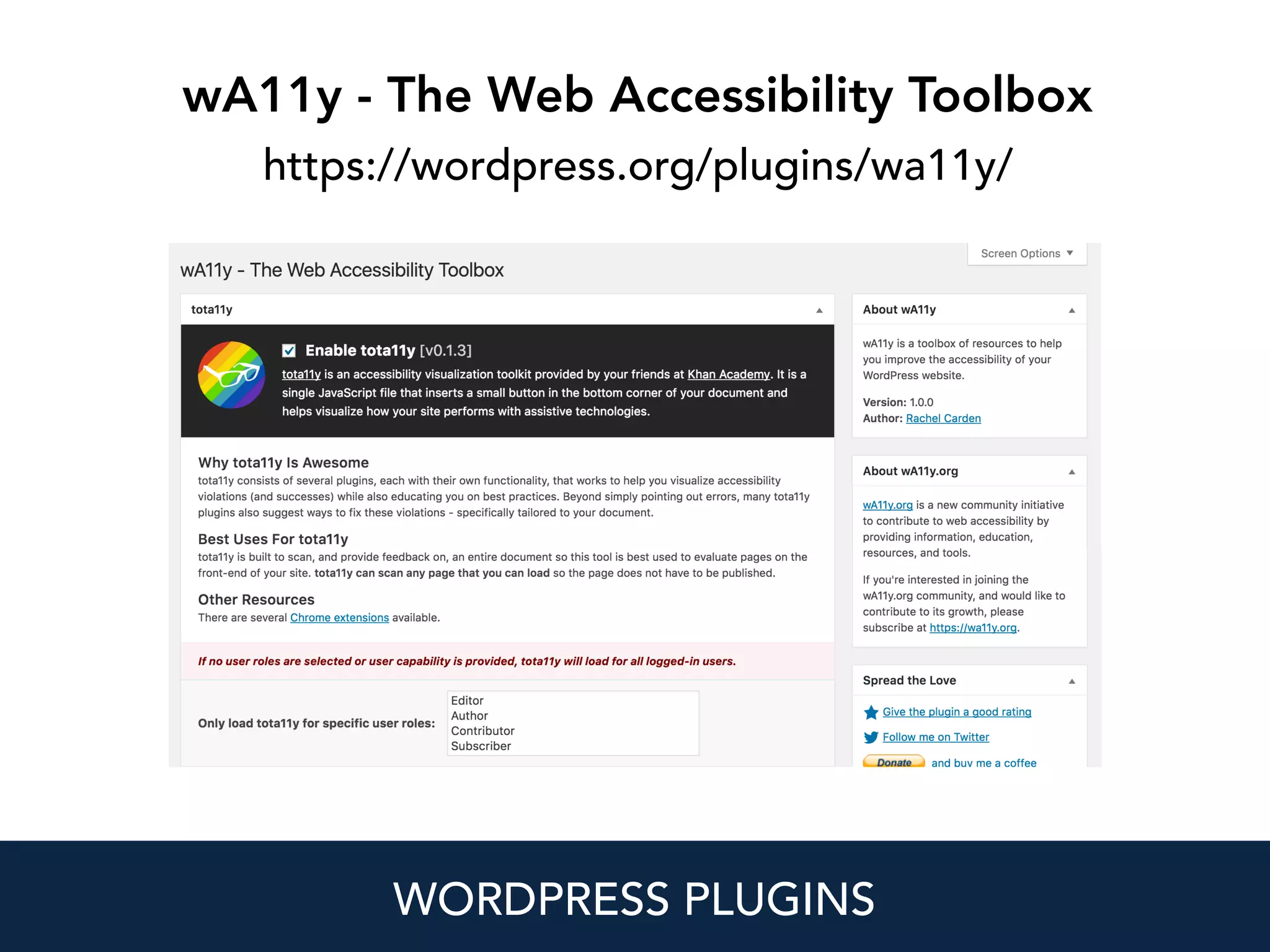 wA11y - The Web Accessibility Toolbox 
https://wordpress.org/plugins/wa11y/
WORDPRESS PLUGINS
 