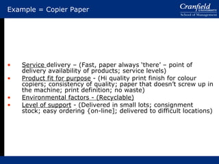 Example = Copier Paper Service  delivery – (Fast, paper always ‘there’ – point of delivery availability of products; service levels) Product fit for purpose  - (Hi quality print finish for colour copiers; consistency of quality; paper that doesn’t screw up in the machine; print definition; no waste) Environmental factors - (Recyclable) Level of support  - (Delivered in small lots; consignment stock; easy ordering {on-line]; delivered to difficult locations) 
