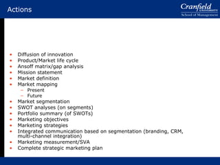 Actions Diffusion of innovation Product/Market life cycle Ansoff matrix/gap analysis Mission statement Market definition Market mapping Present Future Market segmentation SWOT analyses (on segments) Portfolio summary (of SWOTs) Marketing objectives Marketing strategies Integrated communication based on segmentation (branding, CRM, multi-channel integration) Marketing measurement/SVA Complete strategic marketing plan 