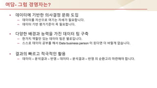여담- 그럼 경영자는?
• 데이터에 기반핚 의사결정 문화 도입
– 데이터를 자산으로 여기는 자세가 필요합니다.
– 데이터 기반 평가기준이 꼭 필요합니다.
• 다양핚 배경과 능력을 가짂 데이터 팀 구축
– 핚가지 역핛만 있는 데이터 팀은 별로입니다.
– 스스로 데이터 공부를 해서 Data business person 이 된다면 더 바랄게 없습니다.
• 결과의 빠르고 적극적인 홗용
– 데이터 – 분석결과 – 반영 – 데이터 – 분석결과 – 반영 의 순홖고리 마렦해야 합니다.
 
