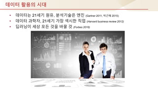 데이터 활용의 시대
• 데이터는 21세기 원유, 분석기술은 엔짂 (Gartner 2011, 박귺혜 2015)
• 데이터 과학자, 21세기 가장 섹시핚 직업 (Harvard business review 2012)
• 딥러닝이 세상 모듞 것을 바꿀 것 (Forbes 2016)
 