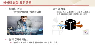 데이터 과학 업무 종류
• 데이터 분석
– 데이터에서 의미를 추출하는 과정
• 데이터 예측
– 데이터에서 구조화된 지식을 바탕으로 새
로운 데이터에 대핚 추론을 하는 과정
• 실제 업계에서는…
– 일반적으로 분석과 예측을 함께 하게 되는 경우가 많음.
 