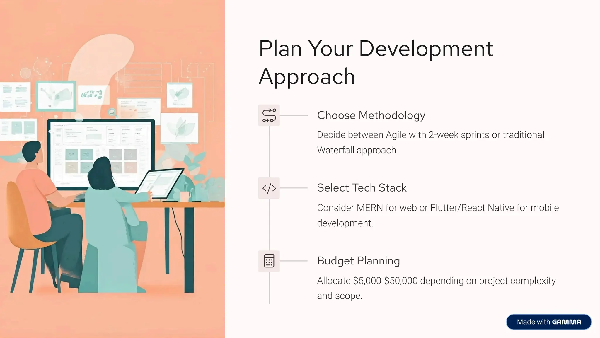 Plan Your Development
Approach
Choose Methodology
Decide between Agile with 2-week sprints or traditional
Waterfall approach.
Select Tech Stack
Consider MERN for web or Flutter/React Native for mobile
development.
Budget Planning
Allocate $5,000-$50,000 depending on project complexity
and scope.
 