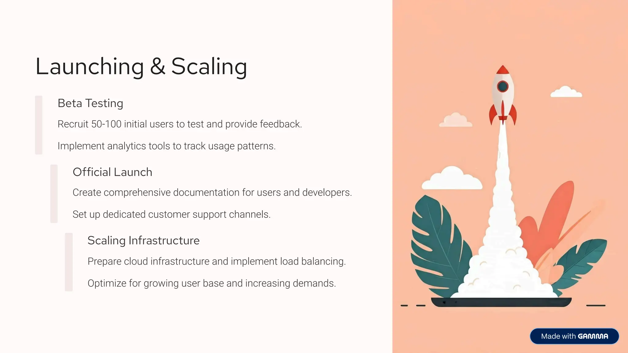 Launching & Scaling
Beta Testing
Recruit 50-100 initial users to test and provide feedback.
Implement analytics tools to track usage patterns.
Official Launch
Create comprehensive documentation for users and developers.
Set up dedicated customer support channels.
Scaling Infrastructure
Prepare cloud infrastructure and implement load balancing.
Optimize for growing user base and increasing demands.
 