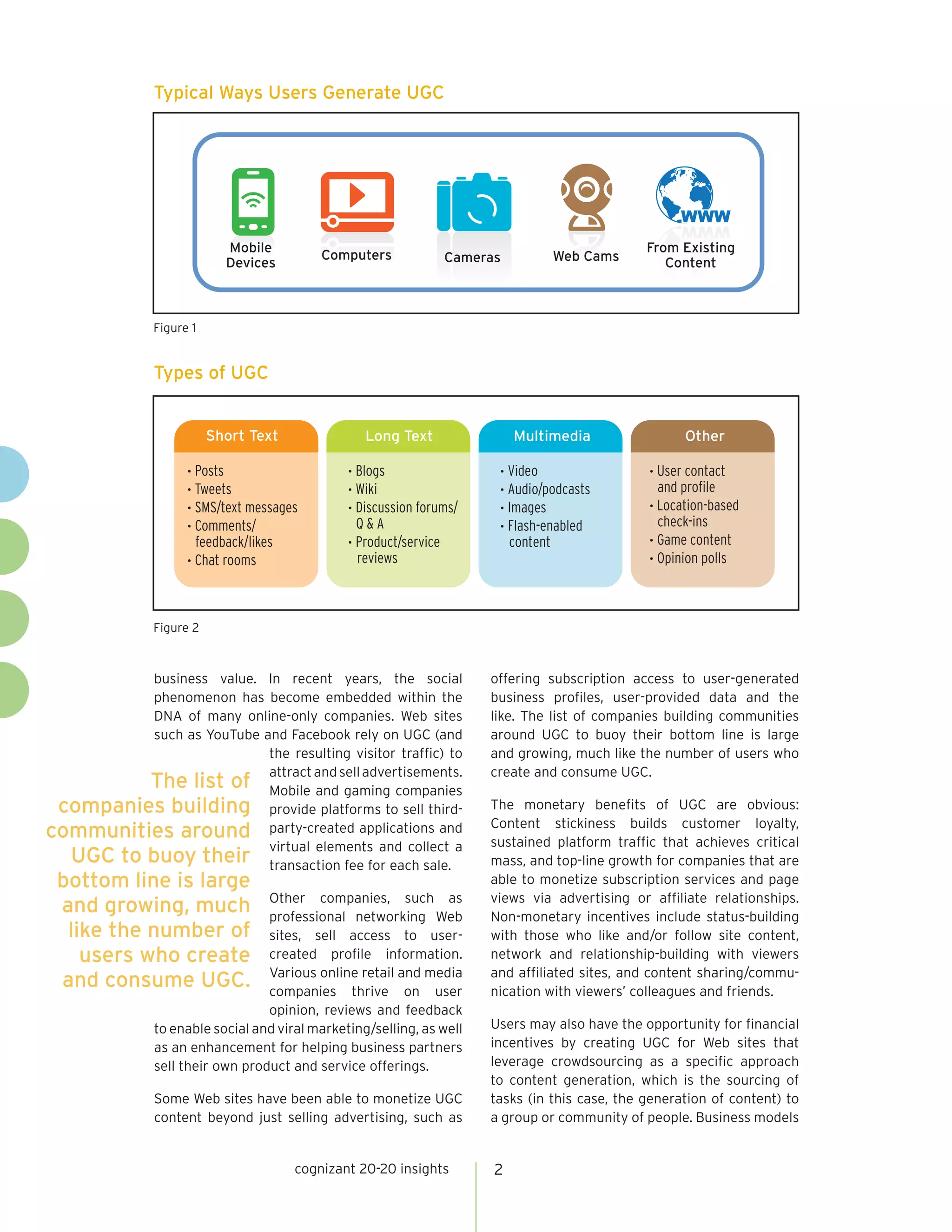 Typical Ways Users Generate UGC




                            Mobile                                                                     From Existing
                                             Computers           Cameras              Web Cams
                            Devices
                           Mobile                                                                       Content
                                                                                              From Existing
                                        Computers           Cameras             Web Cams
                           Devices                                                               Content


               Figure 1


               Types of UGC


                           Short Text
                          Short Text               Long TextText
                                                      Long                           Multimedia
                                                                                Multimedia                   Other Other

                     • Posts
                       • Posts                  • Blogs
                                                     • Blogs                 • Video Video
                                                                                    •                  • User contact contact
                                                                                                                • User
                     • Tweets
                       • Tweets                 • Wiki Wiki
                                                     •                       • Audio/podcasts
                                                                                    • Audio/podcasts     and profile profile
                                                                                                                  and
                     • SMS/text messages
                       • SMS/text messages      • Discussion forums/
                                                     • Discussion forums/    • ImagesImages
                                                                                    •                  • Location-based
                                                                                                                • Location-based
                     • Comments/                  Q&A &A                     • Flash-enabled             check-inscheck-ins
                       • Comments/                     Q                            • Flash-enabled
                       feedback/likes           • Product/service              content                 • Game content content
                                                                                                                • Game
                         feedback/likes              • Product/service                content
                     • Chat rooms                 reviews                                              • Opinion polls
                      • Chat rooms                   reviews                                                   • Opinion polls


               Figure 2



          business value. In recent years, the social                       offering subscription access to user-generated
          phenomenon has become embedded within the                         business profiles, user-provided data and the
          DNA of many online-only companies. Web sites                      like. The list of companies building communities
          such as YouTube and Facebook rely on UGC (and                     around UGC to buoy their bottom line is large
                           the resulting visitor traffic) to                and growing, much like the number of users who
                           attract and sell advertisements.                 create and consume UGC.
         The list of Mobile and gaming companies
 companies building provide platforms to sell third-                        The monetary benefits of UGC are obvious:
                                                                            Content stickiness builds customer loyalty,
communities around party-created applications and                           sustained platform traffic that achieves critical
                           virtual elements and collect a
  UGC to buoy their transaction fee for each sale.                          mass, and top-line growth for companies that are
 bottom line is large                                                       able to monetize subscription services and page
                                  Other companies, such as                  views via advertising or affiliate relationships.
 and growing, much                professional networking Web               Non-monetary incentives include status-building
  like the number of              sites, sell access to user-               with those who like and/or follow site content,
    users who create              created profile information.              network and relationship-building with viewers
                                  Various online retail and media           and affiliated sites, and content sharing/commu-
 and consume UGC.                 companies thrive on user                  nication with viewers’ colleagues and friends.
                                  opinion, reviews and feedback
               to enable social and viral marketing/selling, as well        Users may also have the opportunity for financial
               as an enhancement for helping business partners              incentives by creating UGC for Web sites that
               sell their own product and service offerings.                leverage crowdsourcing as a specific approach
                                                                            to content generation, which is the sourcing of
               Some Web sites have been able to monetize UGC                tasks (in this case, the generation of content) to
               content beyond just selling advertising, such as             a group or community of people. Business models


                                       cognizant 20-20 insights             2
 