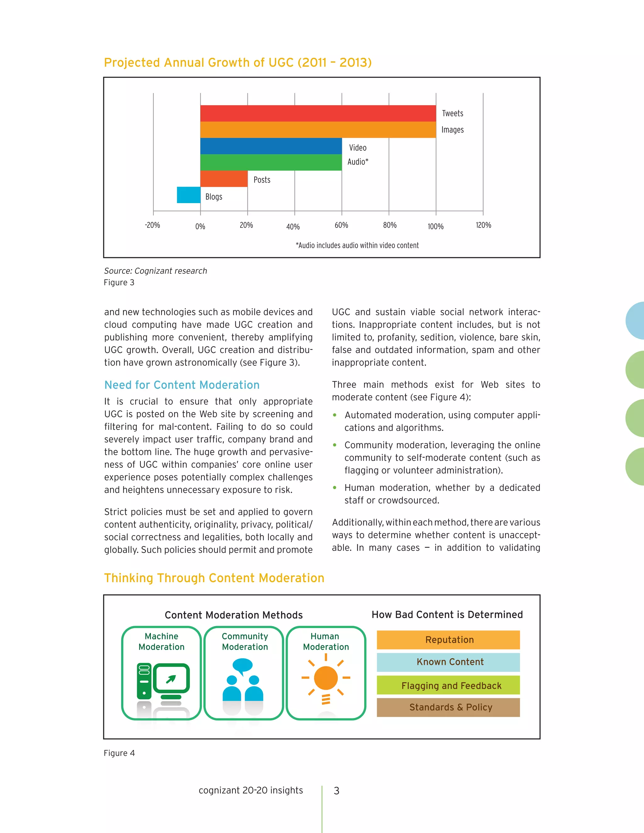Projected Annual Growth of UGC (2011 – 2013)




Source: Cognizant research
Figure 3


and new technologies such as mobile devices and          UGC and sustain viable social network interac-
cloud computing have made UGC creation and               tions. Inappropriate content includes, but is not
publishing more convenient, thereby amplifying           limited to, profanity, sedition, violence, bare skin,
UGC growth. Overall, UGC creation and distribu-          false and outdated information, spam and other
tion have grown astronomically (see Figure 3).           inappropriate content.

Need for Content Moderation                              Three main methods exist for Web sites to
It is crucial to ensure that only appropriate            moderate content (see Figure 4):
UGC is posted on the Web site by screening and           •   Automated moderation, using computer appli-
filtering for mal-content. Failing to do so could            cations and algorithms.
severely impact user traffic, company brand and
the bottom line. The huge growth and pervasive-          •   Community moderation, leveraging the online
                                                             community to self-moderate content (such as
ness of UGC within companies’ core online user
                                                             flagging or volunteer administration).
experience poses potentially complex challenges
and heightens unnecessary exposure to risk.              •   Human moderation, whether by a dedicated
                                                             staff or crowdsourced.
Strict policies must be set and applied to govern
content authenticity, originality, privacy, political/   Additionally, within each method, there are various
social correctness and legalities, both locally and      ways to determine whether content is unaccept-
globally. Such policies should permit and promote        able. In many cases — in addition to validating


Thinking Through Content Moderation




Figure 4



                        cognizant 20-20 insights         3
 
