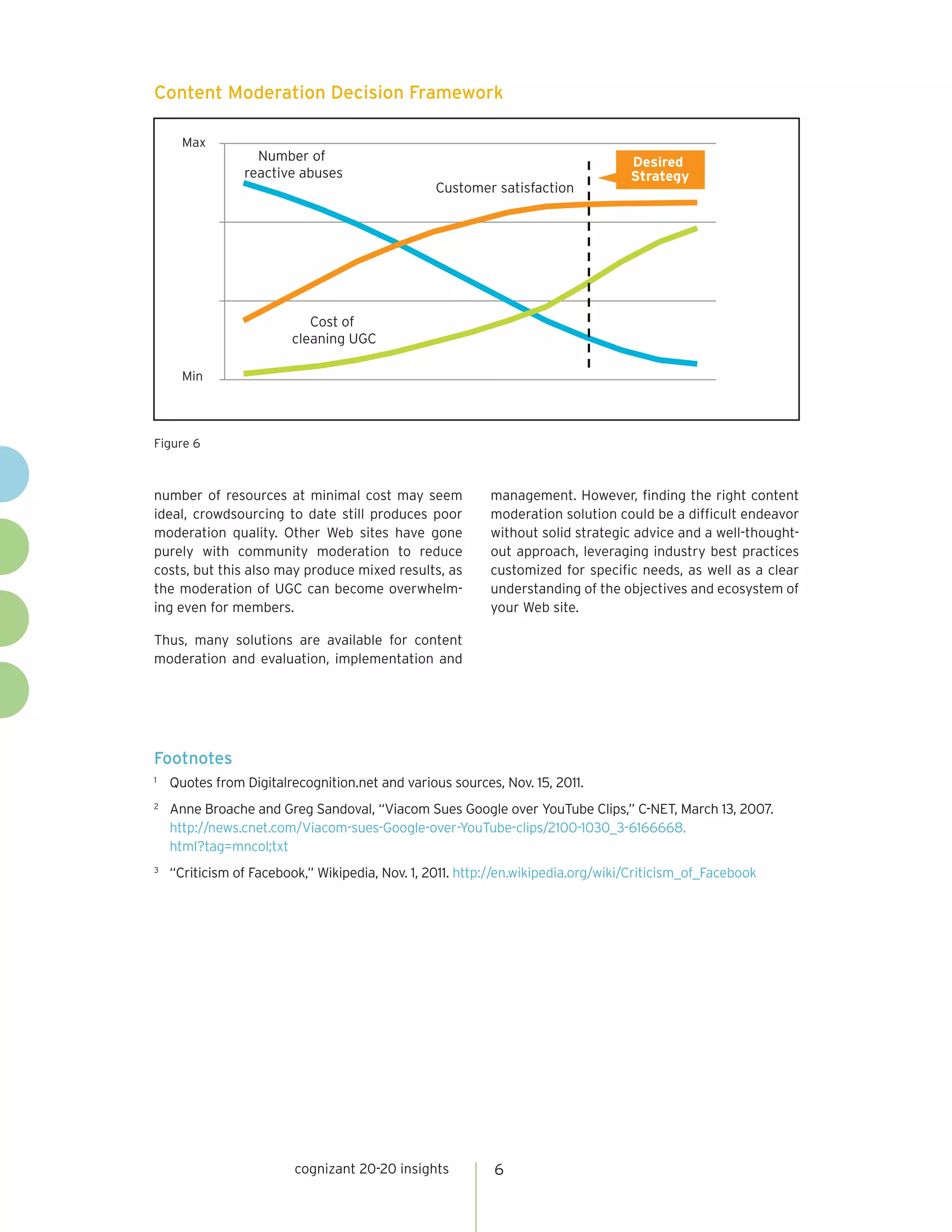 Content Moderation Decision Framework

      Max
                  Number of                                                       Desired
                reactive abuses                                                   Strategy
                                                 Customer satisfaction




                           Cost of
                        cleaning UGC

      Min




Figure 6                                             Content Moderation Strategy


number of resources at minimal cost may seem              management. However, finding the right content
ideal, crowdsourcing to date still produces poor          moderation solution could be a difficult endeavor
moderation quality. Other Web sites have gone             without solid strategic advice and a well-thought-
purely with community moderation to reduce                out approach, leveraging industry best practices
costs, but this also may produce mixed results, as        customized for specific needs, as well as a clear
the moderation of UGC can become overwhelm-               understanding of the objectives and ecosystem of
ing even for members.                                     your Web site.

Thus, many solutions are available for content
moderation and evaluation, implementation and




Footnotes
1
    Quotes from Digitalrecognition.net and various sources, Nov. 15, 2011.
2
    Anne Broache and Greg Sandoval, “Viacom Sues Google over YouTube Clips,” C-NET, March 13, 2007.
    http://news.cnet.com/Viacom-sues-Google-over-YouTube-clips/2100-1030_3-6166668.
    html?tag=mncol;txt
3
    “Criticism of Facebook,” Wikipedia, Nov. 1, 2011. http://en.wikipedia.org/wiki/Criticism_of_Facebook




                         cognizant 20-20 insights          6
 
