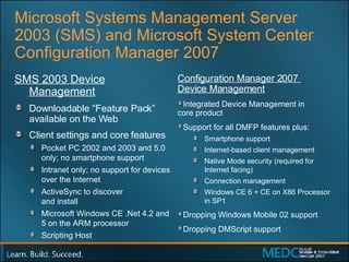 Microsoft Systems Management Server 2003 (SMS) and Microsoft System Center Configuration Manager 2007 SMS 2003 Device Management Downloadable “Feature Pack” available on the Web Client settings and core features Pocket PC 2002 and 2003 and 5.0 only; no smartphone support Intranet only; no support for devices over the Internet ActiveSync to discover  and install Microsoft Windows CE .Net 4.2 and 5 on the ARM processor Scripting Host Configuration Manager 2007  Device Management Integrated Device Management in  core product Support for all DMFP features plus: Smartphone support Internet-based client management Native Mode security (required for Internet facing) Connection management  Windows CE 6 + CE on X86 Processor  in SP1 Dropping Windows Mobile 02 support Dropping DMScript support 