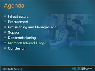 Agenda Infrastructure Procurement Provisioning and Management Support Decommissioning Microsoft Internal Usage Conclusion 