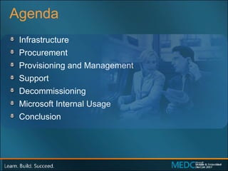 Agenda Infrastructure Procurement Provisioning and Management Support Decommissioning Microsoft Internal Usage Conclusion 