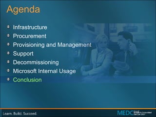 Agenda Infrastructure Procurement Provisioning and Management Support Decommissioning Microsoft Internal Usage Conclusion 