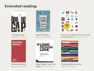 Extended reading:
The Brand Gap  
by Marty Neumeier
Dynamic Identities: How to Create
a Living Brand by Irene Van Nes
Branding Matters
by Jason VanLue
Logo Design Love: The
Book by David Airey
Designig Brand Identity
by Alina Wheeler
Brand Thinking
by Debbie Millman
 