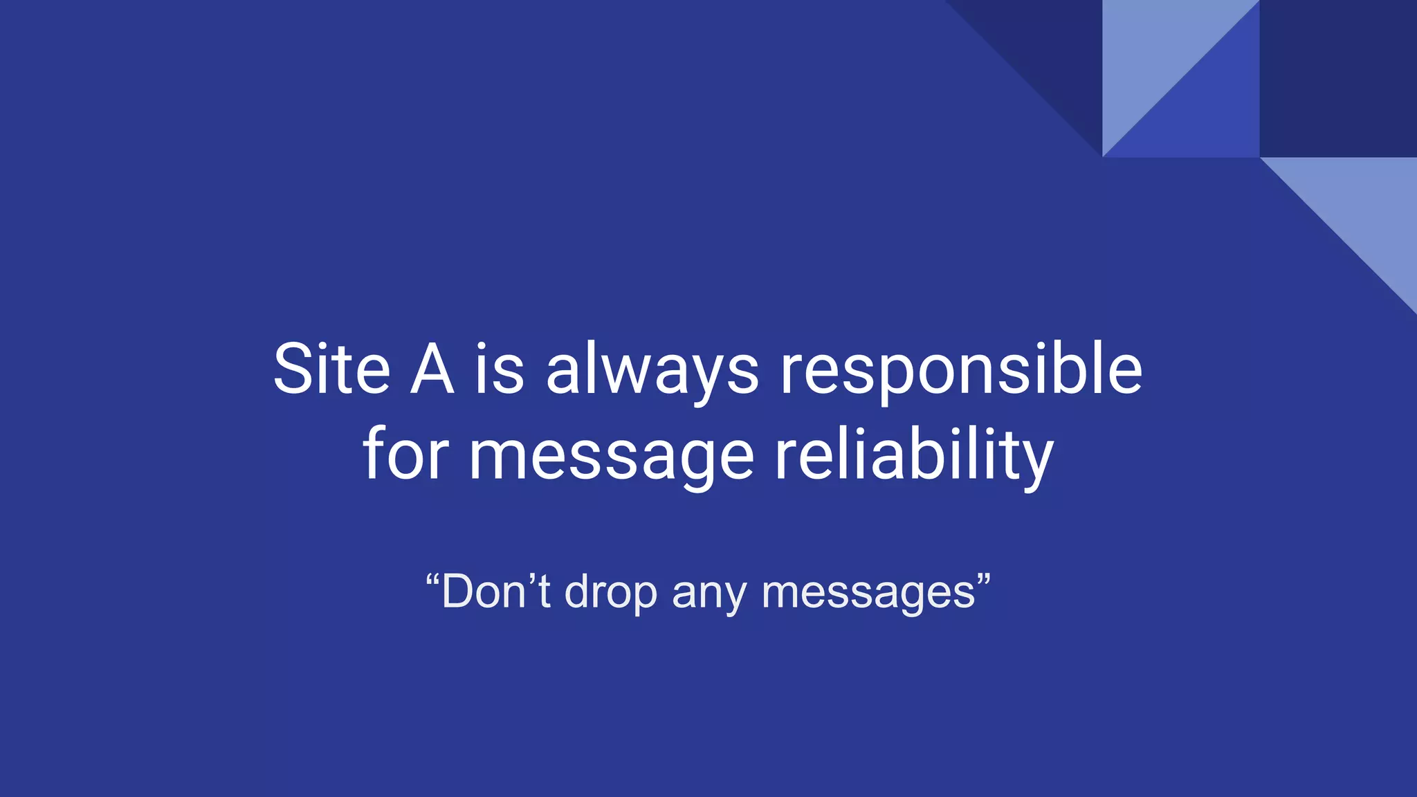 Site A is always responsible
for message reliability
“Don’t drop any messages”
 
