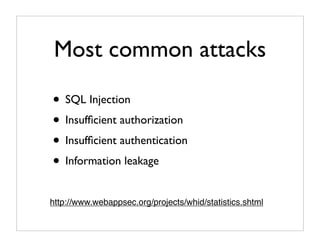 Most common attacks

• SQL Injection
• Insufﬁcient authorization
• Insufﬁcient authentication
• Information leakage
http://www.webappsec.org/projects/whid/statistics.shtml
 