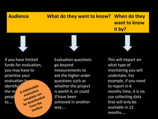 Audience What do they want to know? When do they
want to know
it by?
If you have limited
funds for evaluation,
you may have to
prioritise your
evaluation by
identifying who are
the most important
people to report
to….
Evaluation questions
go beyond
measurements to
ask the higher order
questions such as
whether the project
is worth it, or could
if have been
achieved in another
way….
This will impact on
what type of
monitoring you will
undertake. For
example, if you need
to report in 6
months time, it is no
use collecting data
that will only be
available in 12
months….
A stakeholder
evaluation
template can
be downloaded
from the
toolbox
 