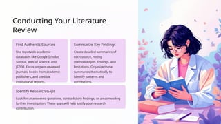 Conducting Your Literature
Review
Find Authentic Sources
Use reputable academic
databases like Google Scholar,
Scopus, Web of Science, and
JSTOR. Focus on peer-reviewed
journals, books from academic
publishers, and credible
institutional reports.
Summarize Key Findings
Create detailed summaries of
each source, noting
methodologies, findings, and
limitations. Organize these
summaries thematically to
identify patterns and
connections.
Identify Research Gaps
Look for unanswered questions, contradictory findings, or areas needing
further investigation. These gaps will help justify your research
contribution.
 