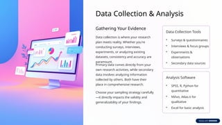Data Collection & Analysis
Gathering Your Evidence
Data collection is where your research
plan meets reality. Whether you're
conducting surveys, interviews,
experiments, or analyzing existing
datasets, consistency and accuracy are
paramount.
Primary data comes directly from your
own research activities, while secondary
data involves analyzing information
collected by others. Both have their
place in comprehensive research.
Choose your sampling strategy carefully
—it directly impacts the validity and
generalizability of your findings.
Data Collection Tools
• Surveys & questionnaires
• Interviews & focus groups
• Experiments &
observations
• Secondary data sources
Analysis Software
• SPSS, R, Python for
quantitative
• NVivo, Atlas.ti for
qualitative
• Excel for basic analysis
 