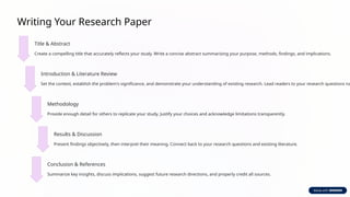 Writing Your Research Paper
Title & Abstract
Create a compelling title that accurately reflects your study. Write a concise abstract summarizing your purpose, methods, findings, and implications.
Introduction & Literature Review
Set the context, establish the problem's significance, and demonstrate your understanding of existing research. Lead readers to your research questions na
Methodology
Provide enough detail for others to replicate your study. Justify your choices and acknowledge limitations transparently.
Results & Discussion
Present findings objectively, then interpret their meaning. Connect back to your research questions and existing literature.
Conclusion & References
Summarize key insights, discuss implications, suggest future research directions, and properly credit all sources.
 